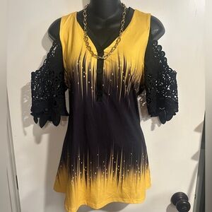 4/$16 Yellow and Black Cold Shoulder Top with Lacey Butterfly Sleeves M